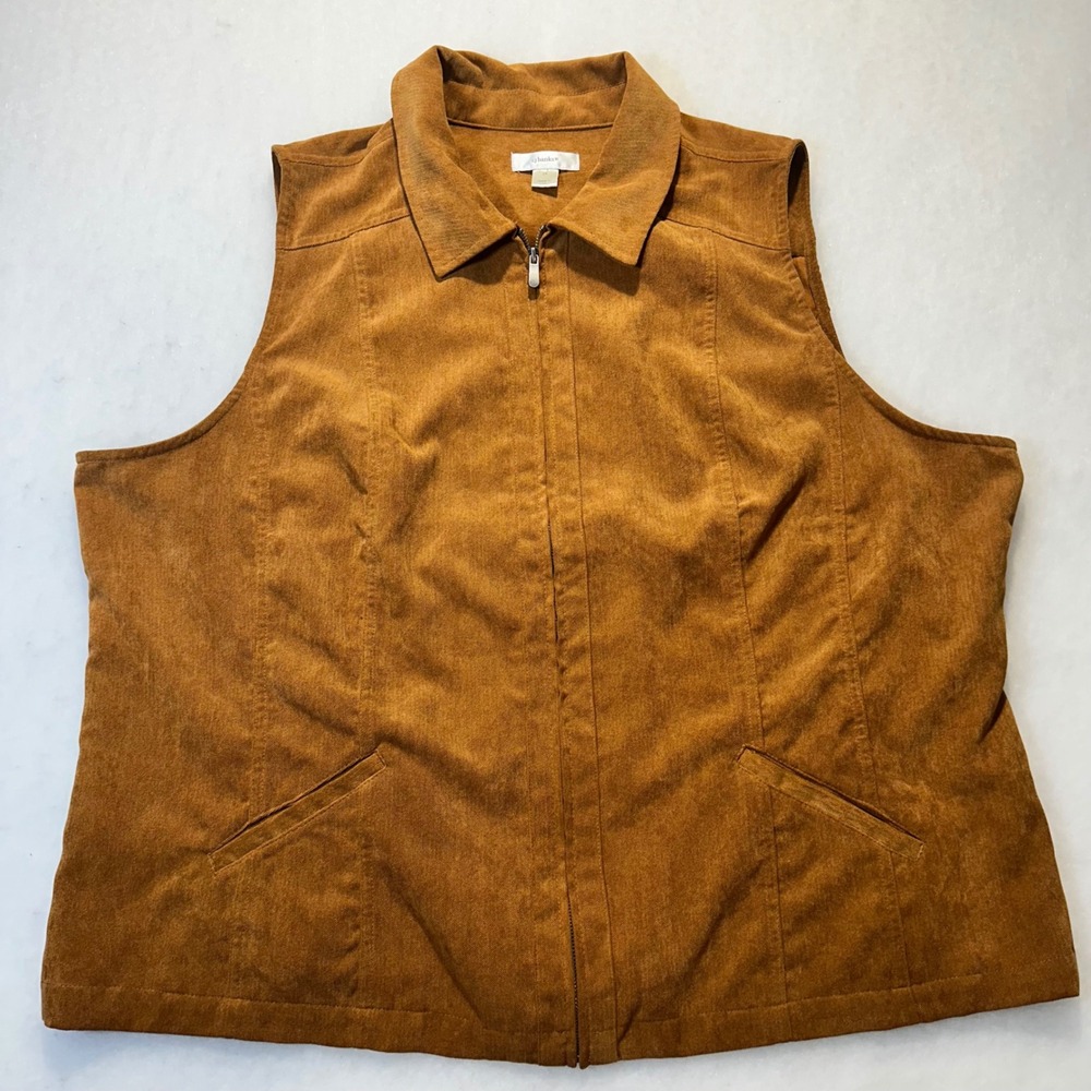 CJ Banks Womens 3X Ginger Brown Faux Suede Full Zip Collared Vest Jacket Pockets